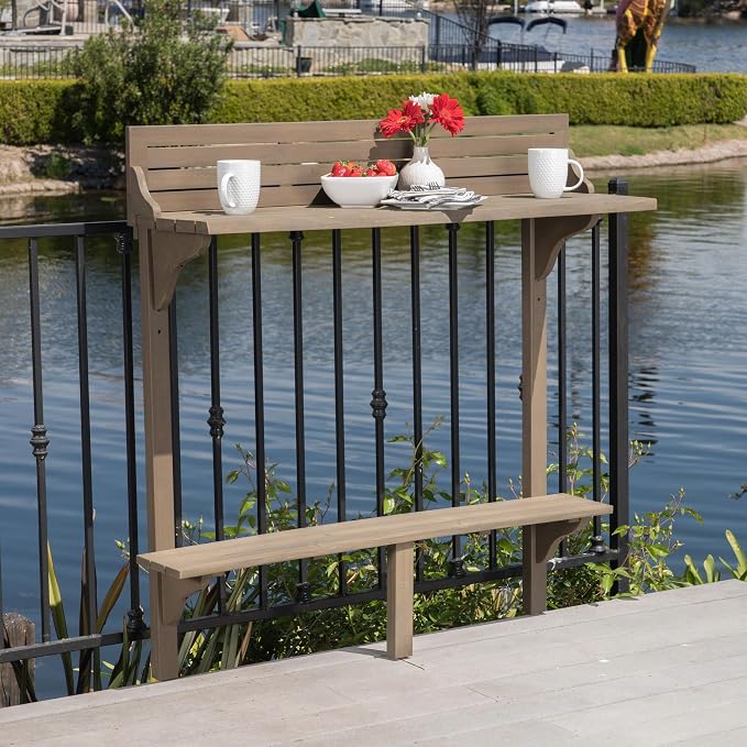 Merax Outdoor Balcony Bar Table, Wall Mounted Folding Patio Bar Table with Acacia Wood Top, Space Saving Table for Balcony Railing, Small Spaces, Gray