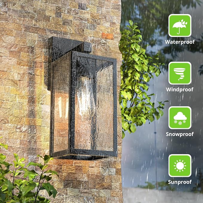 MAXvolador Outdoor Wall Sconce, Exterior Waterproof Wall Lantern Light Fixtures, Black Porch Lights with Toughened Glass Shade, Anti-Rust E26 Socket Front Door Mount Lighting, 2 Pack | Black Porch Wall Lights, Anti-Rust, E26 Socket, Clear Glass Outside...
