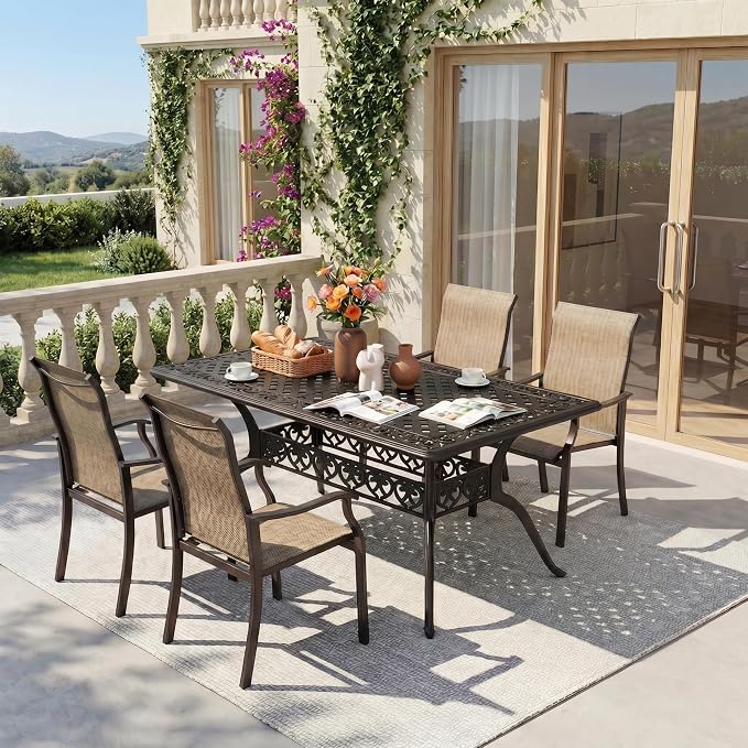 Patio Dining Set, Outdoor Furniture Set Include, 59" Cast Aluminum Table, 4 Textilene Chairs, Patio Table with 2.56" Umbrella Hole