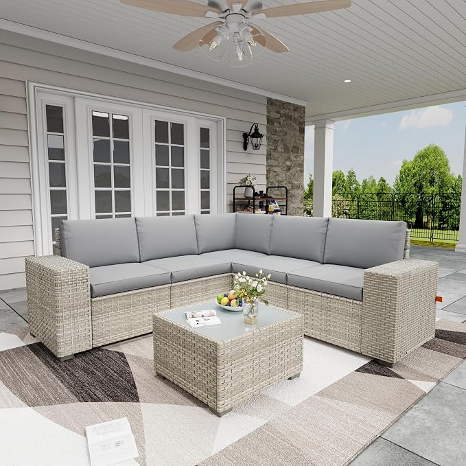 6 Piece Patio Furniture Set, 9.8" Wide Arm Sectional Sofa with Storage Armrests, All-Weather Rattan Outdoor Conversation Set for Garden, Porch, Lawn, Backyard, Balcony, Grey