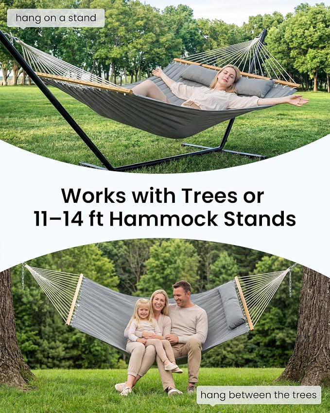 ANAGOO Double Hammock with Spreader Bar & Pillow, 2-Person Portable Hammock, 500lbs Capacity for Outdoor Camping, Patio, Backyard, Garden, Beach & Travel Relaxation – Gray