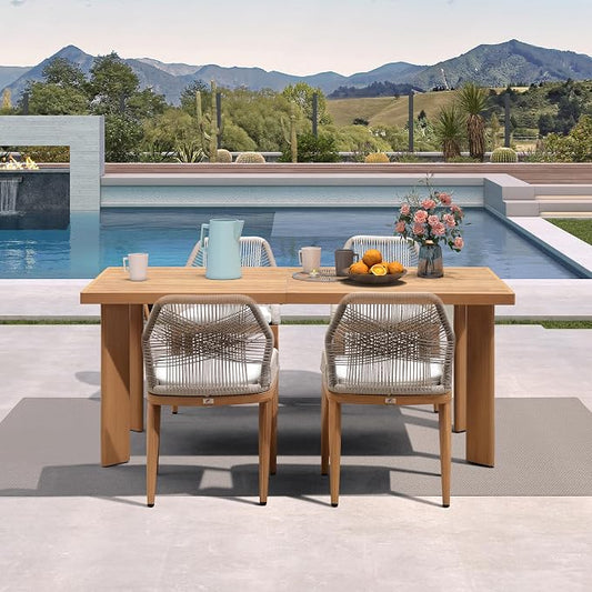 PURPLE LEAF 5 Pieces Patio Dining Set Aluminum Modern Rectangular Table and Wicker Chairs with Cushions for Kitchen Porch Garden Outdoor Furniture Sets, Teak