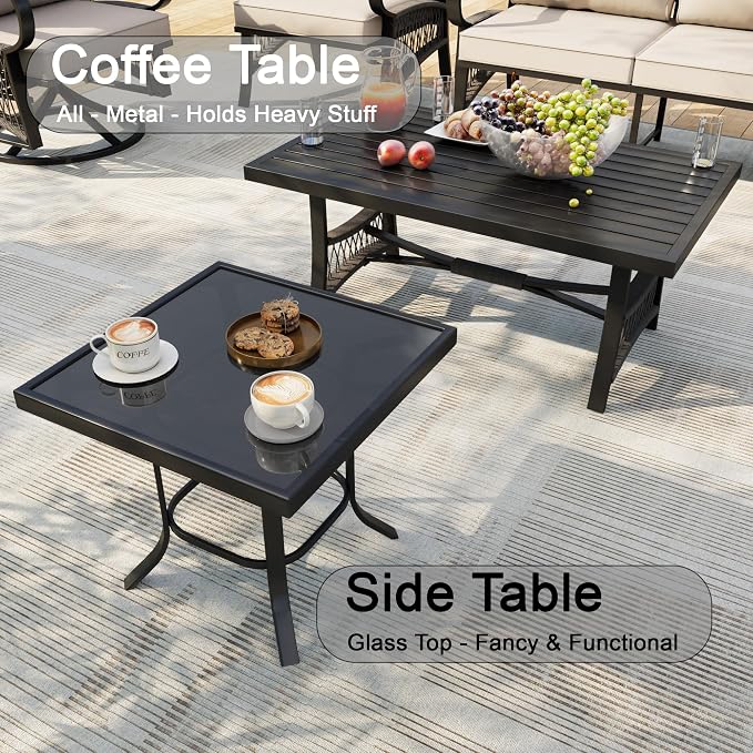 6 Pieces Patio Furniture Set, Metal Outdoor Conversation Sets with Swivel Chairs, Modern Couch Sofa Seating Group with Coffee Table and Side Table (Thick Beige Cushions)