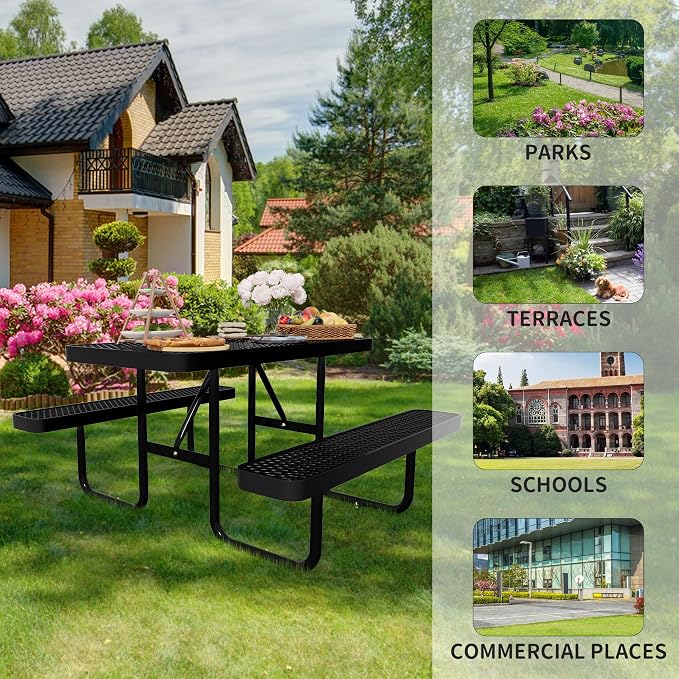 4FT Metal Picnic Table with Benches, Rectangular Lifetime Picnic Table with Umbrella Hole, Outdoor Furniture Heavy Duty Sturdy Commercial Picnic Tables for Patio Garden Courtyard BBQ Shopping Centers