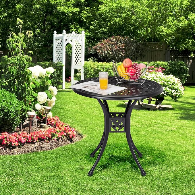30.25" Round Cast Aluminum Patio Bistro Table, Bistro Table with Umbrella Hole, Outdoor Side Table, for Porch, Backyard, Garden, Balcony, Black