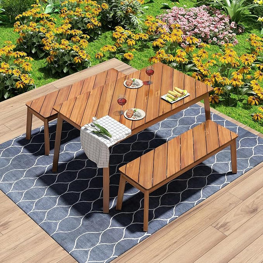 GDFStudio 3-Piece Acacia Wood Table and Bench Dining Set, Outdoor and Indoor Picnic Furniture with 2 Benches, Beer Table Set for Patio, Porch, Garden, Poolside, Natural Finish