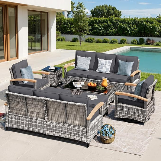 MEISSALIVVE 8 Pieces Patio Furniture Sets,Wicker Patio Conversation Sets with 2 Wood Armrests Swivel Glide Chairs, Outdoor Conversation Set for Deck Yard and Poolside (Grey)