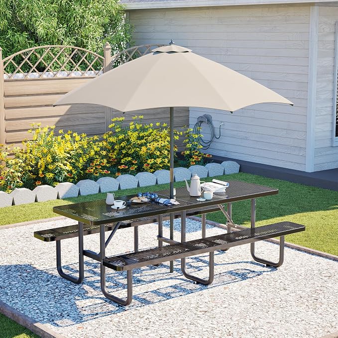 96" Heavy Duty Outdoor Picnic Table for 10, Galvanized Steel Frame with Umbrella Hole, 882LBS Capacity, Mesh Top – Picnic Camping Patio Garden Black