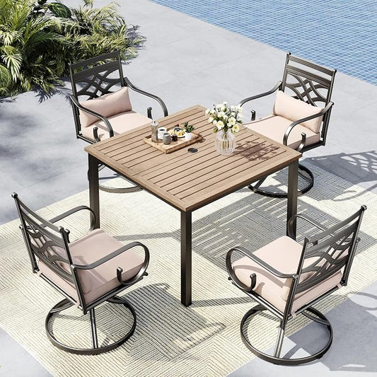 MFSTUDIO Patio Dining Set, 42" Square Wood-Look Table, Swivel Chairs | Umbrella Hole, Seats 4, All-Weather Use