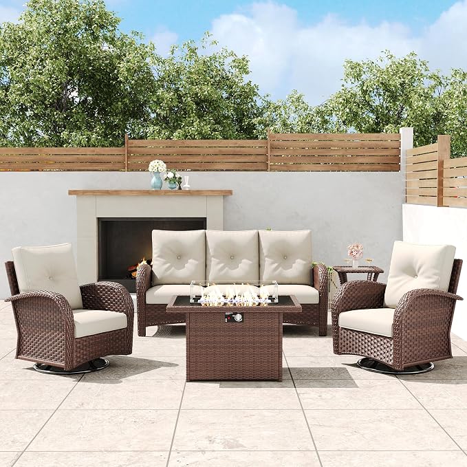 5 Pieces Outdoor Wicker Patio Swivel Rocking Chairs, All Weather Wicker Conversation Set with 44" Fire Pit Table
