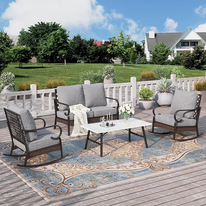 HERA'S HOUSE 4 Piece Metal Patio Furniture Set, 2 x Rocking Cushioned Chair, 2-Seat Lover Sofa with Coffee Table, All Weather Outdoor Conversation Set for Lawn Garden Backyard Deck, Grey