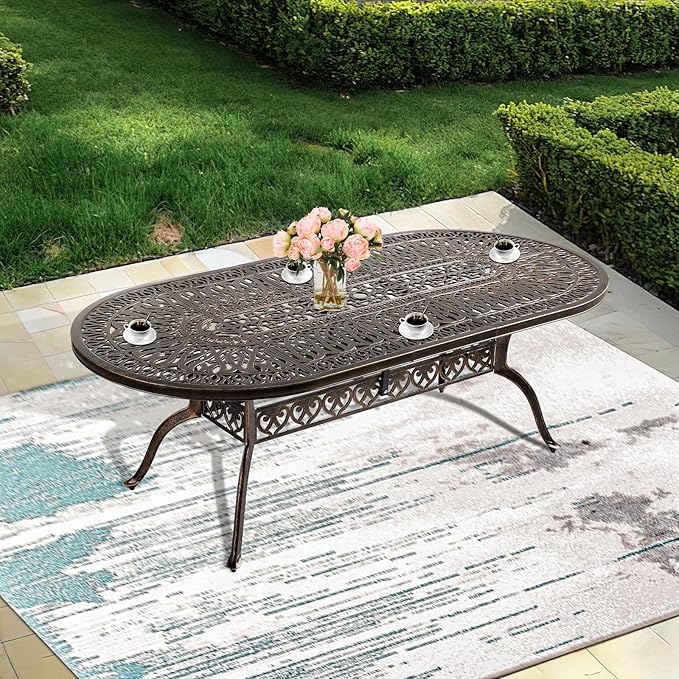 Cast Aluminum Patio Dining Table,Outdoor Dining Table for 8-10,Patio Metal Dining Table with Umbrella Hole for Backyard,Garden,Poolside (1, Oval)