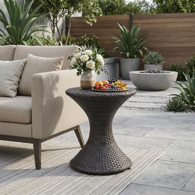 Outdoor Side Table Round Rattan Side Table Wicker End Tables Small Coffee Tables Patio Garden Porch Backyard Balcony Deco. 16",Brown