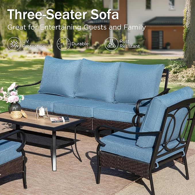 PHI VILLA Outdoor Patio Furniture Set, Upgraded Wicker & Metal Patio Conversation Set with Waterproof Thick Cushions for Porch, Poolside, Yard (4 Pieces, Navy)