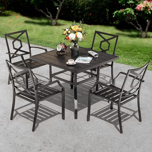 NUU GARDEN 5-Piece Outdoor Dining Set, Square Patio Table with Umbrella Hole and 4 Iron Dining Chairs, All-Weather Furniture for Garden Backyard Balcony, Black