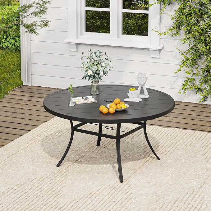 VICLLAX Round Patio Dining Set for 8, Metal Slatted Patio Table with Umbrella Hole and Stackable Patio Chairs for Deck Lawn Garden, Brown Fabric and Black Tabletop