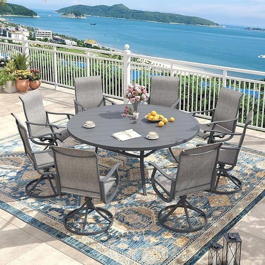 Outdoor Dining Set for 8, 60" Metal Round Outdoor Dining Table with Umbrella Hole and Sling Patio Swivel Chairs, 9 Pieces Patio Table and Chairs Set for Garden Backyard, Grey and Dark Grey