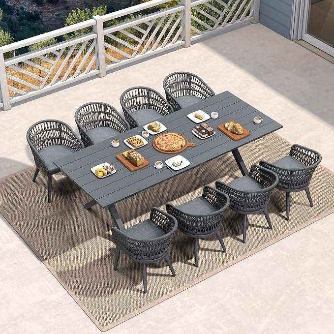 PURPLE LEAF Outdoor Dining Set All-Weather PE Rattan Outdoor Patio Dining Furniture Set with All Aluminum Frame Rectangular Table and 8 Chairs Set for Lawn Garden Backyard Deck, Grey