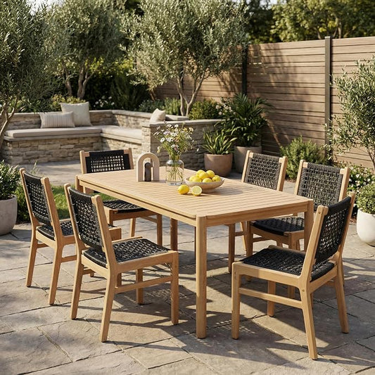 Christopher Knight Home Levi Acacia Wood Dining Table Set for 6, Solid Wood Outdoor Dining Set for 6, 7 Piece Patio Dining Table and Chair Set with Wicker Seat & Back, Black + Light Teak