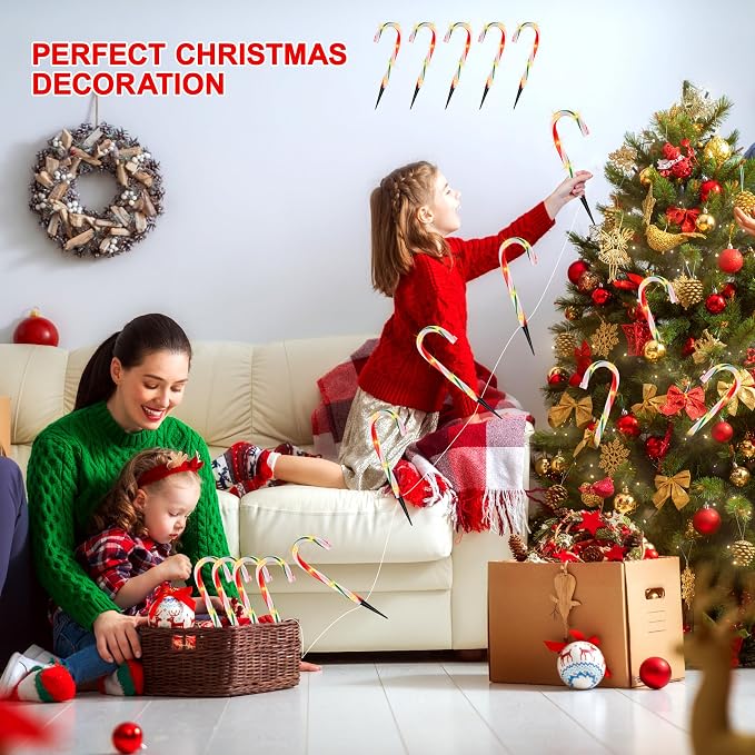 VCOKEN 10'' Christmas Candy Cane Lights Outdoor Pathway, Set of 10 Christmas Candy Cane Markers Waterproof, Light Up Xmas Decoration with Stakes for Holiday Party Yard Art Indoor Outdoor