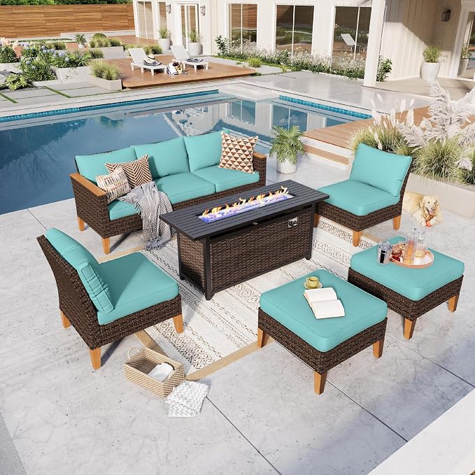 GREEN PARTY 7 Pieces Wicker Patio Furniture Set with 56" Fire Pit Table, All-Weather Outdoor Rattan Patio Sectional Sofa Conversation Set with 4" Thick Cushions for Backyard, 2 x Ottomans (Blue)