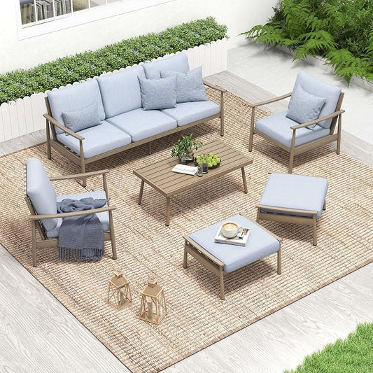 HAPPATIO Patio Outdoor Furniture Set - 6 Pieces Aluminum Outdoor Conversation Set with 1 Three-Seater Sofa, 1 Coffee Table, 2 Armchairs, and 2 Ottomans for Yard, Porch, and Deck (Brown)