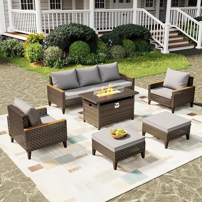 8Piece Patio Furniture Set with 50000 BTU Propane Fire Pit Table, All-Weather Wicker Rattan Outdoor Sectional Sofa Set with High Back and Thick Cushions for Garden, Porch, Poolside, Grey