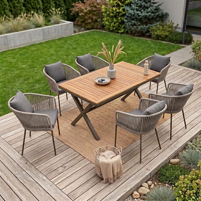 7PCS Outdoor Dining Set, Patio Table and Chairs Set for 6, Rope Weaving Patio Chairs with Thickened Cushions & Rectangular Dining Table with Metal Frame and Acacia Wood Tabletop, Gray