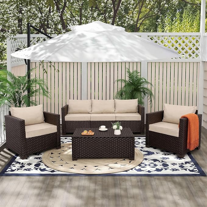 Rattan Star Patio Furniture Set 4 Pcs Outdoor Furniture Sets Patio Couch Outdoor Chairs Coffee Table with Storage Khaki No-Slip Cushions and Waterproof Covers