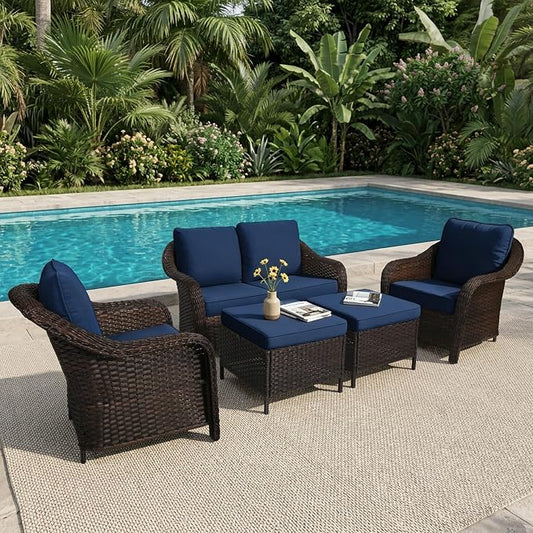 5 Piece Patio Wicker Conversation Set, All-Weather Use Outdoor Wicker Loveseat with 2 PE Rattan Ottomans,2 Chair, Ideal for Porch, Backyard, Balcony, Poolside, Blue