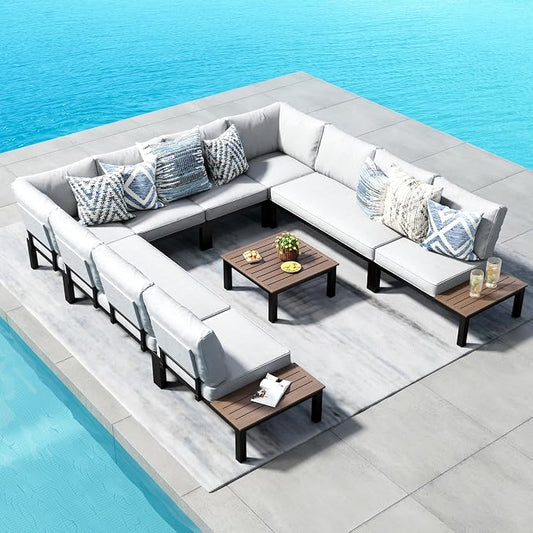 PHI VILLA 9 Pieces Metal Patio Furniture Set, Modular Outdoor Sectional Conversation Set with Coffee Table & Removable Light Grey Cushions - Perfect for Backyard & Garden