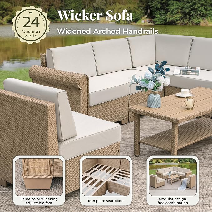 MIXPATIO Patio Furniture Set, 8 Piece Outdoor Rattan Wicker Sectional Conversation Set with 5.5" Thick Waterproof Cushions and Coffee Table