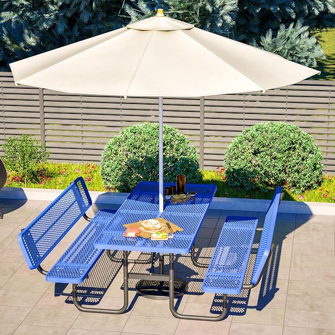 Outdoor Picnic Table with Umbrella Hole-Coated Steel Heavy Duty Commercial Grade Dining Table with Back Seat,Commercial Metal Picnic Table, Heavy Duty Rectangular Furniture Set for Life