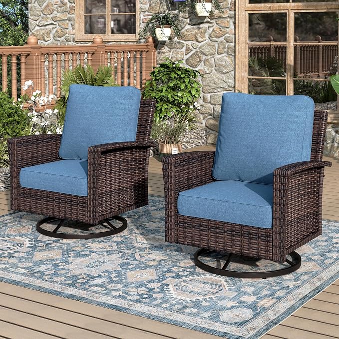 MIXPATIO Swivel Patio Wicker Chairs Set of 2, High Back Outdoor Swivel Patio Rattan Chairs with 5.5" Thick Cushions for Bistro Balcony Porch Deck and Yard, Navy Blue