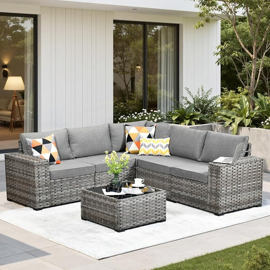 6 Pieces Patio Furniture Set, Wicker Outdoor Sectional Sofa with Coffee Table Comfy Cushions,Modern Modular Deep Seat Rattan Couch Conversation Set for Backyard Porch Yard,Dark Grey