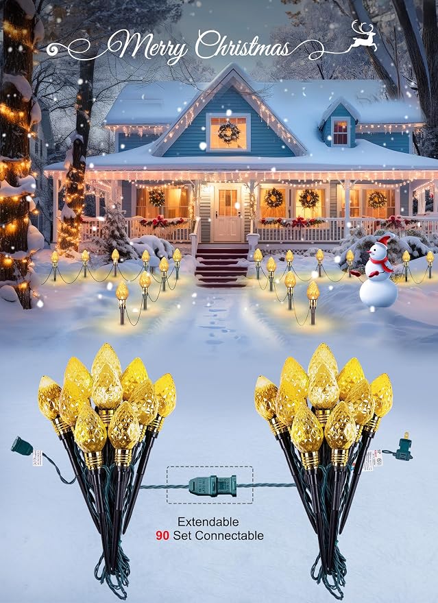 2 Pack Strawberry C9 Christmas Pathway Lights Outdoor, Total 34.8FT 20 LED | Connectable Christmas Walkway Light, Waterproof Christma Lights Outdoor Decorations for Yard Lawn Holiday Outside, Warm White