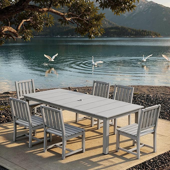 AreShark 7-Piece Outdoor Dining Set,HDPE Patio Table with 6 Armless Chairs,All-Weather Patio Furniture Set with Umbrella Hole,Low Maintenance Wood Grain Dining Set for Backyard,Garden,Poolside,Black