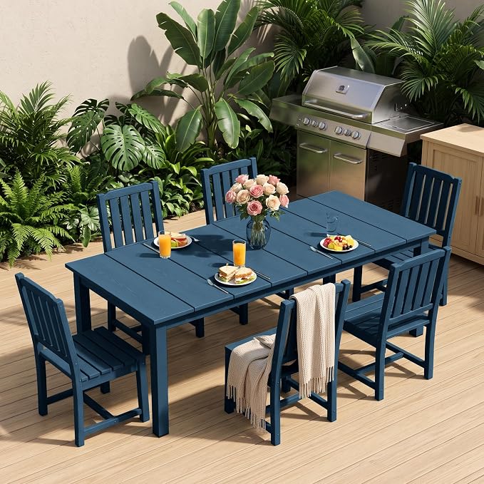 PLUUV 7-Piece Outdoor Dining Set – HDPE Patio Furniture with Umbrella Hole Table, Aluminum Legs, and 6 Armless Chairs, Weatherproof & Easy-Clean for Backyard, Garden, Navy Blue
