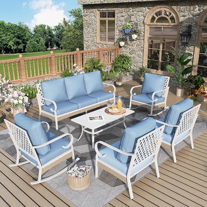 MIXPATIO 6 Piece Patio Furniture Set, 2 x Fixed Chair, 2 x Rocking Chair, 1 x 3-Seat Sofa with Marbling Coffee Table, All Cushioned 7 Seats Outdoor Conversation Set for Lawn Garden Backyard, Blue