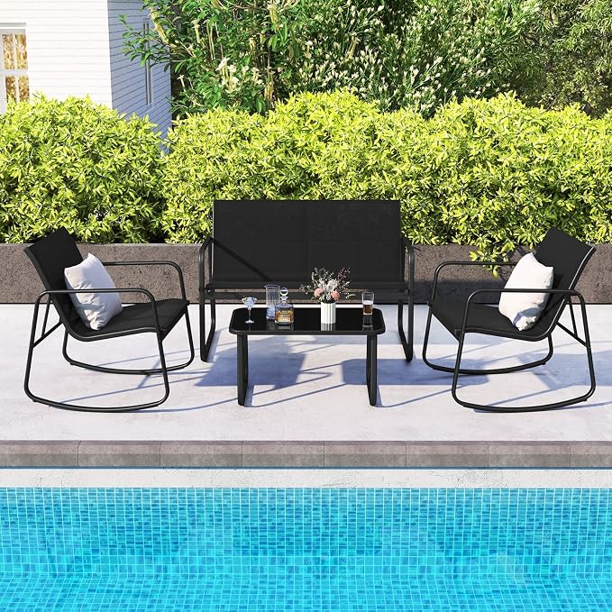 HAPPYGRILL 8 Piece Patio Rocking Bistro Set with 4 Rocking Chairs, 2 Loveseat & 2 Coffee Table, Outdoor Conversation Furniture Set for Garden Poolside Balcony (2)