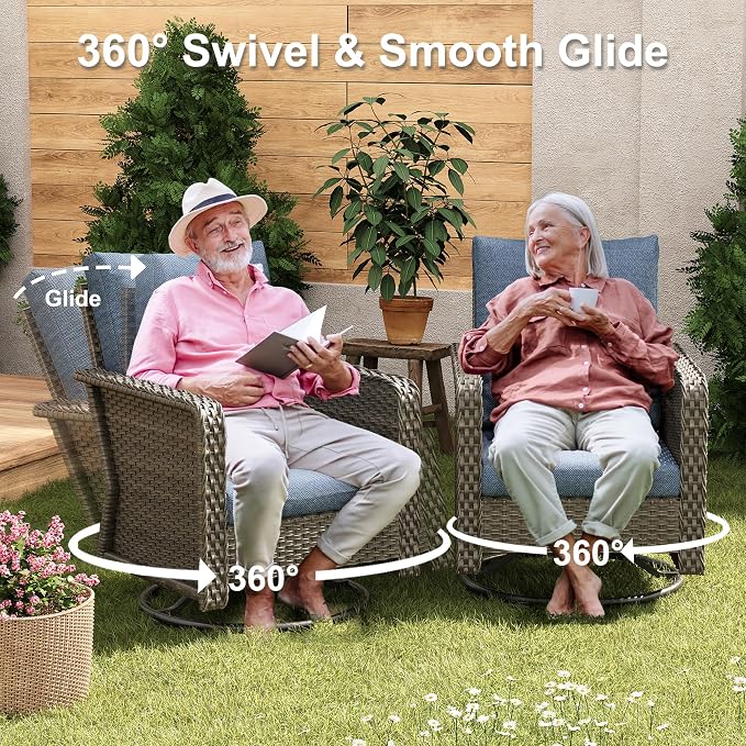 Yechen Patio Furniture Set 9 Peices with 44" Propane Gas Fire Pit Table -2 Wicker Swivel Rocking Chair, 12 seat Outdoor Sectional Set with-4.3'' Cushion Conversation Sofa Set for Porch,Backyard