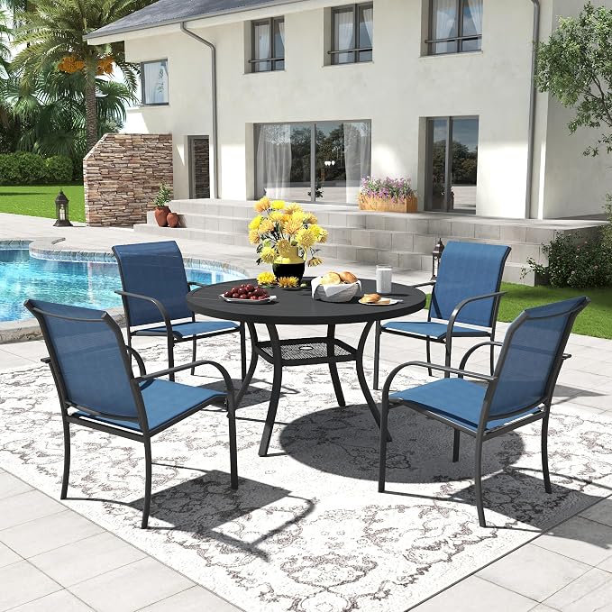 5 Pieces Patio Dining Set, 41" Round Dining Table with Umbrella Hole, 4 Stackable Textilene Fabric Chairs, Metal Structure for Patio, Porch, Garden(Black Table, Blue Chair)