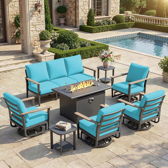 Aluminum Outdoor Patio Furniture Set, 8-Piece Sectional Sofa with 5.1" Thick Cushions, 4 Swivel Rocking Chairs, 55,000 BTU Propane Fire Pit Table, Outdoor Couch for Backyard, Deck, Blue
