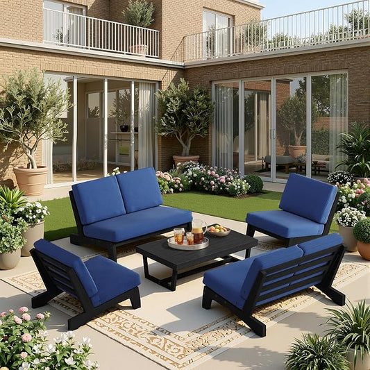 5 Pieces All Weather Black Wood Patio Furniture Sets, 2 Patio Loveseat, 2 Patio Bistro Chair, Outdoor Sectional Sofa Furniture Backyard Conversation Set with Coffee Table - Navy