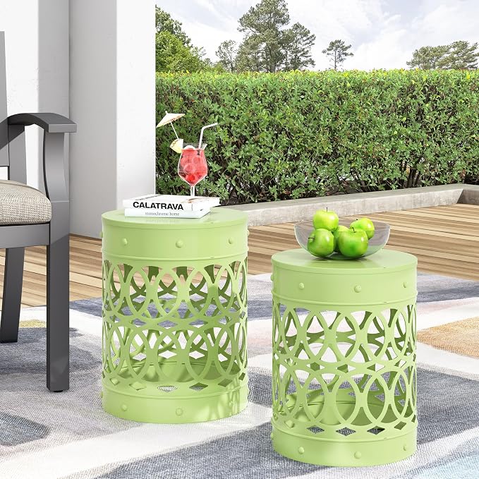 Set of 2 Lime Green Metal Outdoor Side Tables, Round Patio End Tables, Weather Resistant Accent Stools, Geometric Cutout Design, Indoor & Outdoor Decorative Tables for Garden, Balcony, Living Room