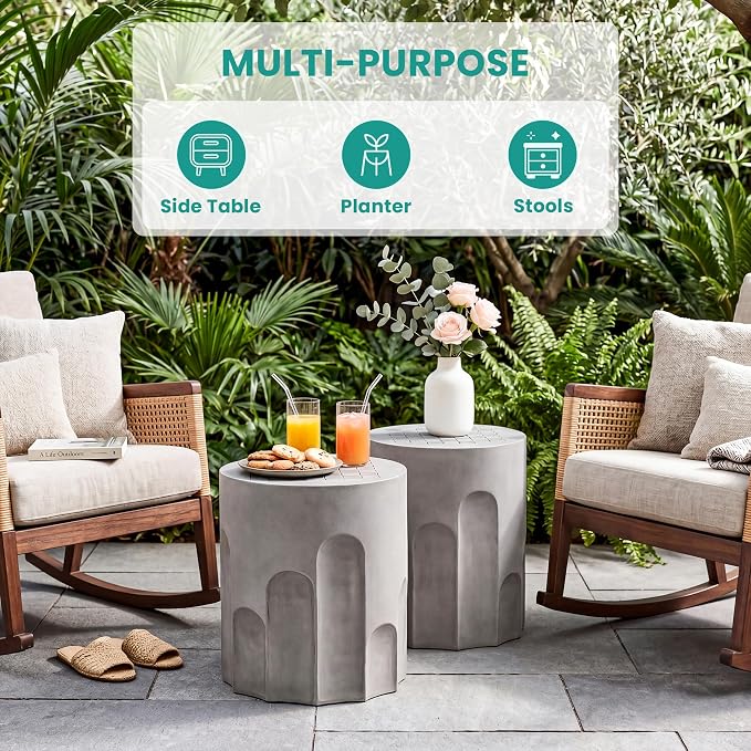 SUNBURY Outdoor Side Table, 15" W Small Outdoor End Table, Concrete Side Tables w Chessboard, Lightweight MgO Round Patio Side Tables, Garden Stool Plant Stand for Yard, Front Porch, Grey