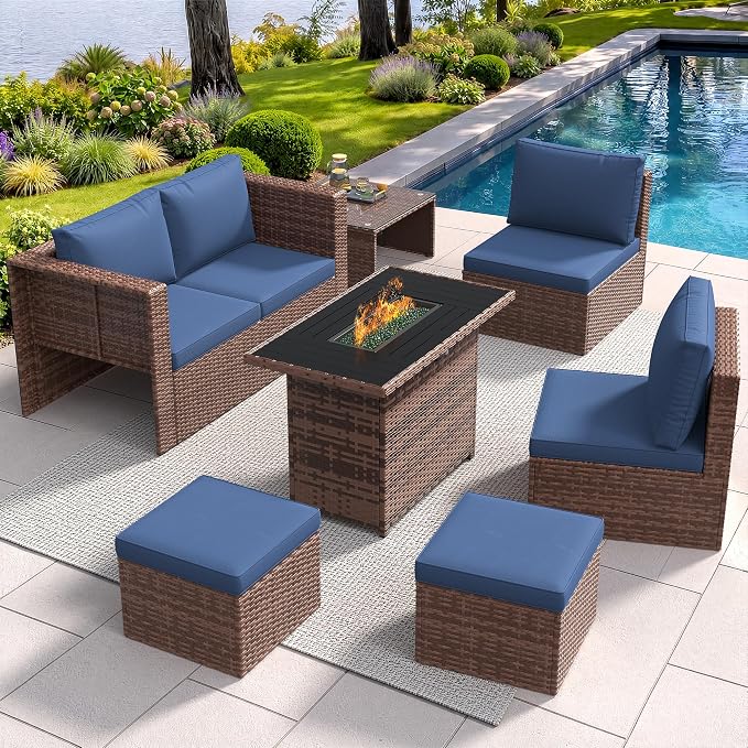Amopatio Patio Furniture Set with Fire Pit Table, All-Weather Wicker Outdoor Conversation Sofa Set with Glass Coffee Table, Cushions & Ottomans for Deck Backyard Porch Lawn Blue