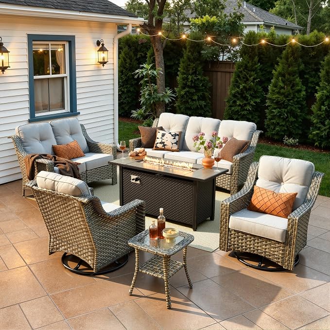 6 Piece Patio Furniture Set with Fire Pit Table, Conversation Sets with High Back Swivel Rocker Chairs, Outdoor Wicker Sofa Loveseat with Comfy Cushion for Backyard Deck Garden, Grey