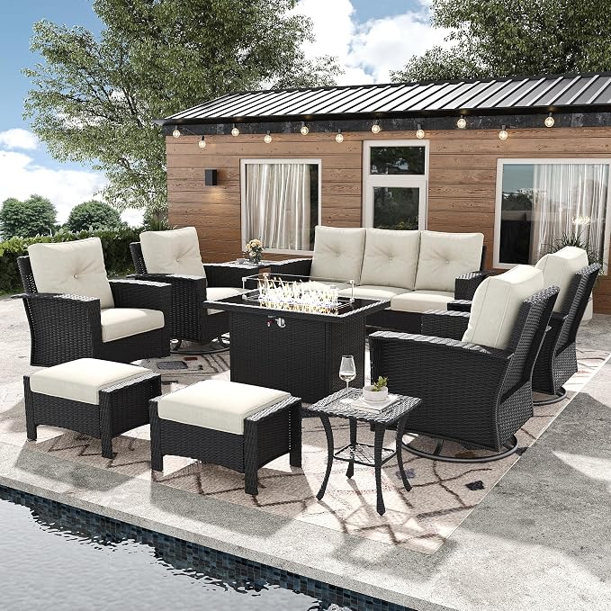 10 Pieces Outdoor Patio Furniture Set with Fire Pit Table, Wicker Patio Sectional Set Conversation Wicker Swivel Chairs with Small Side Table