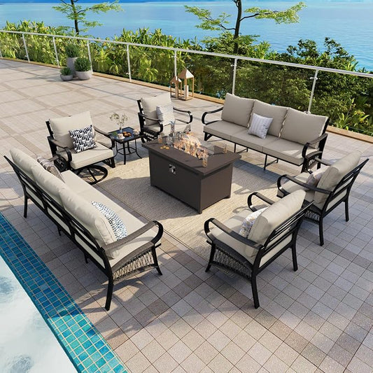 8-Piece Outdoor Furniture Set, Metal Swivel Rocking Chairs with All-Weather Cushions, Patio Conversation Set with Fire Pit Table for Deck, Porch, Garden, Backyard, Poolside (Beige Cushions)